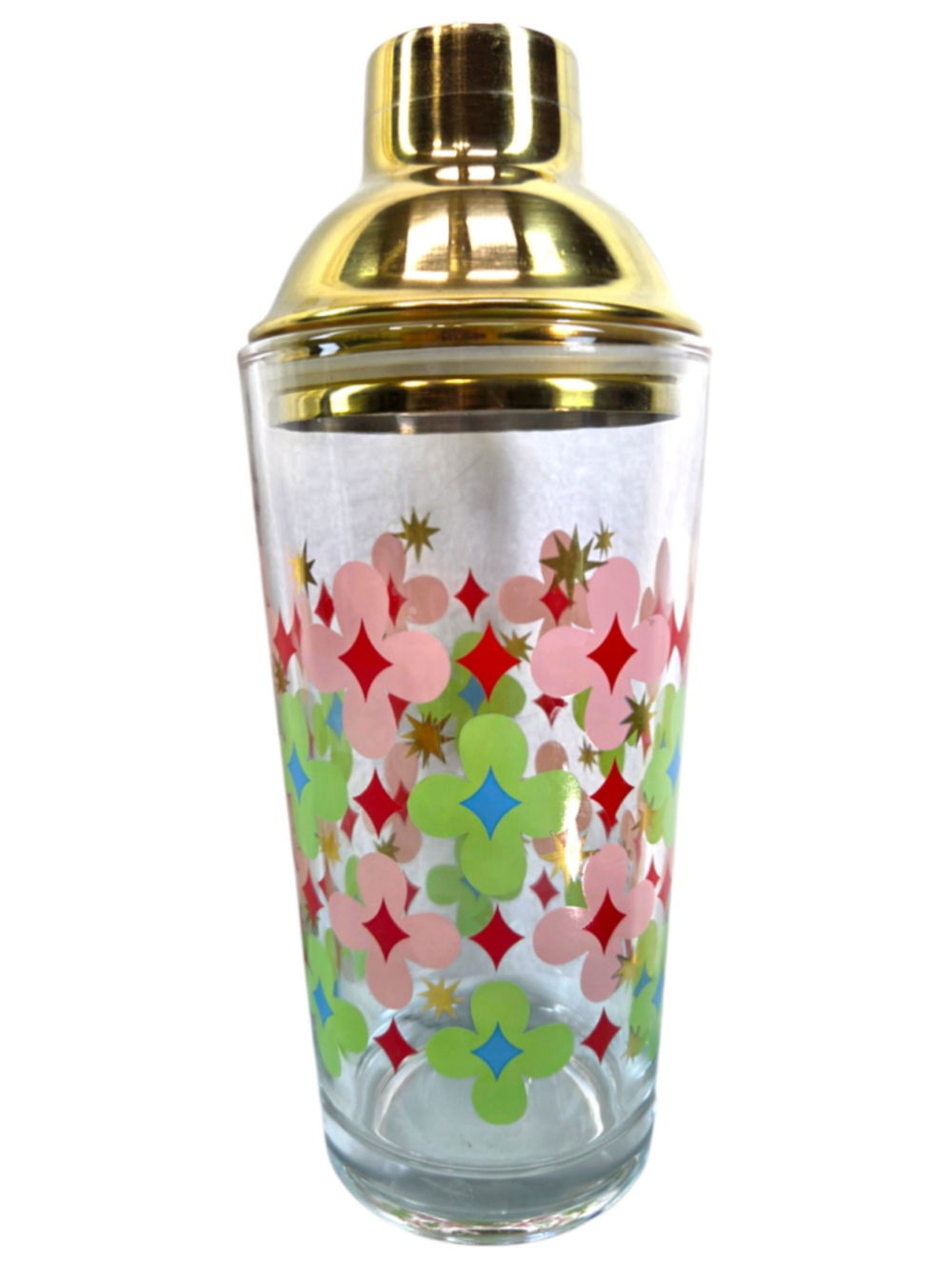 Retro MCM Style Floral Glass Cocktail Shaker Gold Metal Lid Colorful - Picture 2 of 10